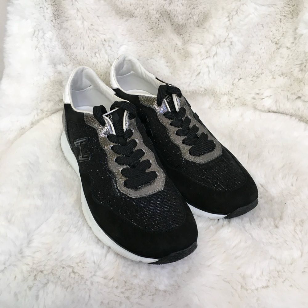 NEW Hogan Women’s Black Suede Silver Glitter Trainer Sneakers Size 8.5/39